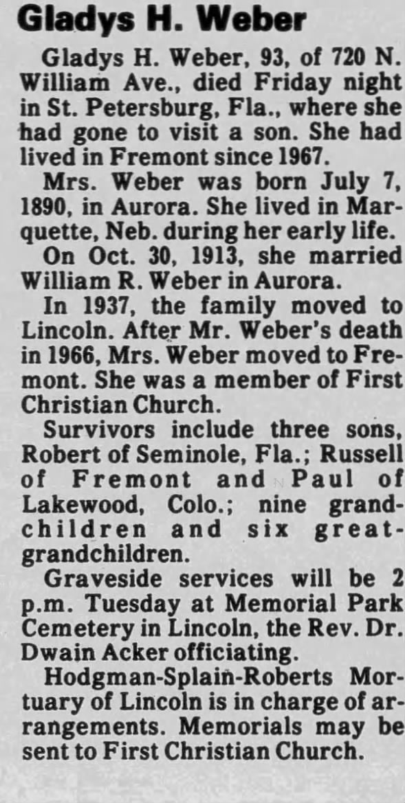 Obituary for Gladys H. Weber (Aged 93)